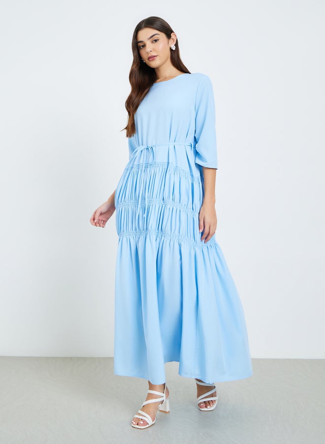 Styli Women Blue Gathered Detail Waist Tie Maxi Dress - Image 2